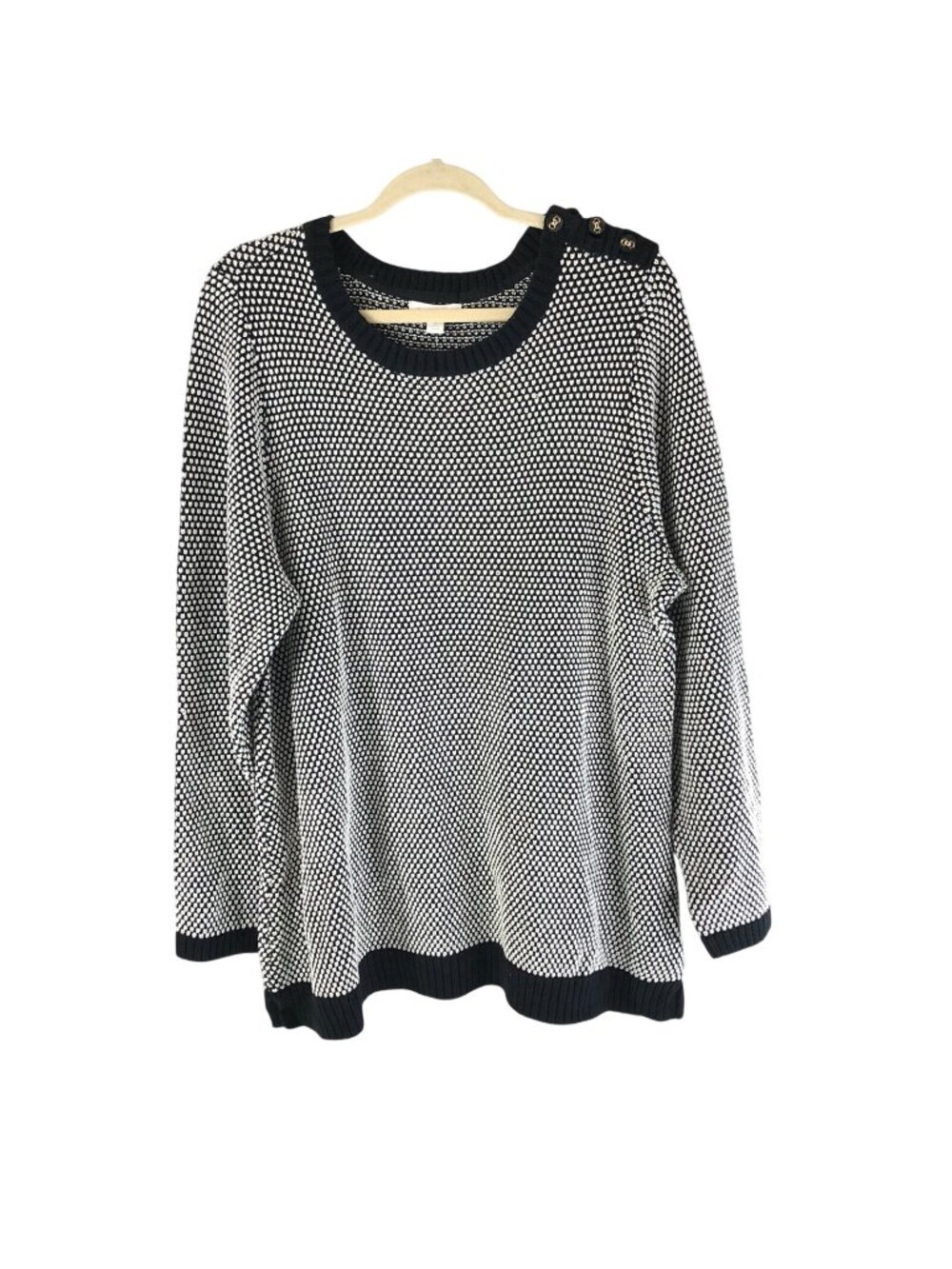 Charter Club Womens Chunky Knit Sweater Button Detail Scoop Neck Black White 3X